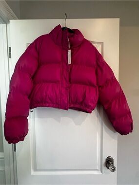 Olivaceous Bubble Gum Pink Cropped Puffer Jacket